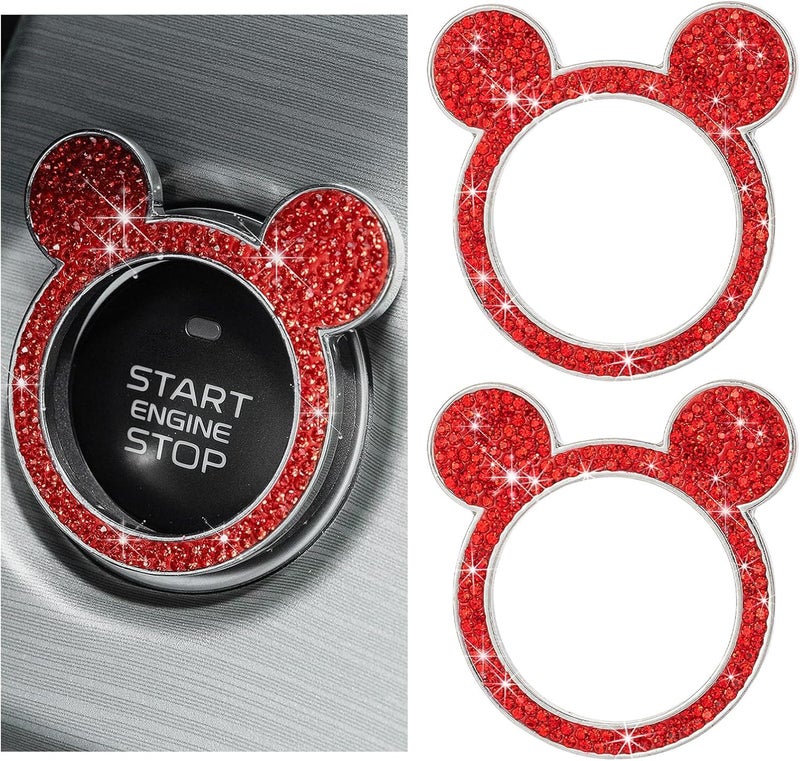 Wevdn 2 PCS Bling Car Engine Start Button Cover, Rhinestone Ring Start Button Cover Sticker, Little Cute Key Ignition & Knob Ring Decoration, Sparkling Car Interior Accessories for Women (Red) - Image 1
